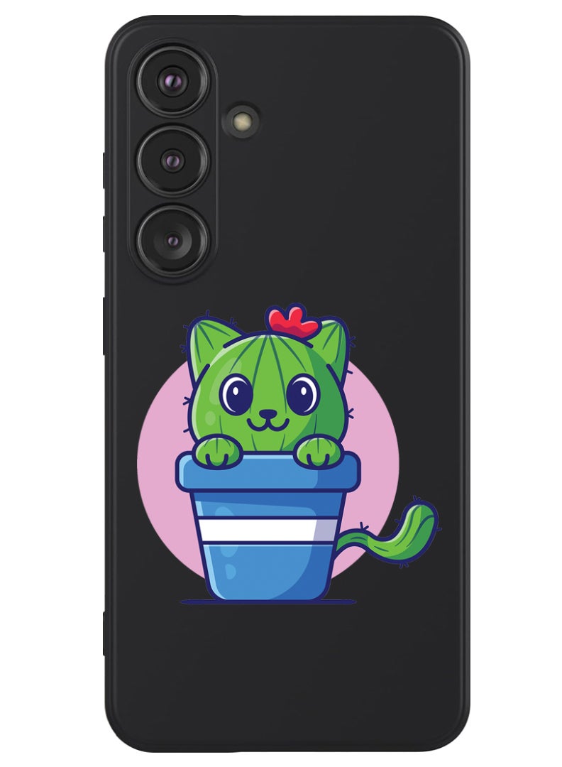 Theodor Protective Slim Fit Case Liquid Silicone Cover with Full Body Protection Anti-Scratch Shockproof Case For Samsung Galaxy S24 (Black) - Cute Cat Cactus - Image 1