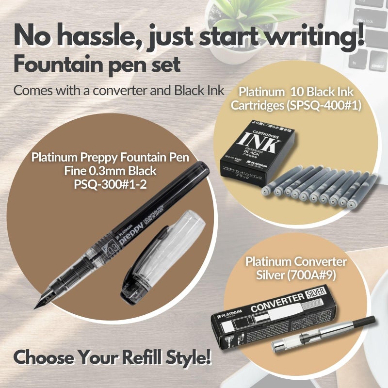 Someie Fountain Pen Set ï½œPreppy Fine Nib 0.3mm Black (PSQ-300#1-2) ï¼† Converter Silver (700A) ï¼† 10 Black Ink Cartridges (SPSQ-400#1) ï¼† 5 Colors Sticky Notes - Image 2