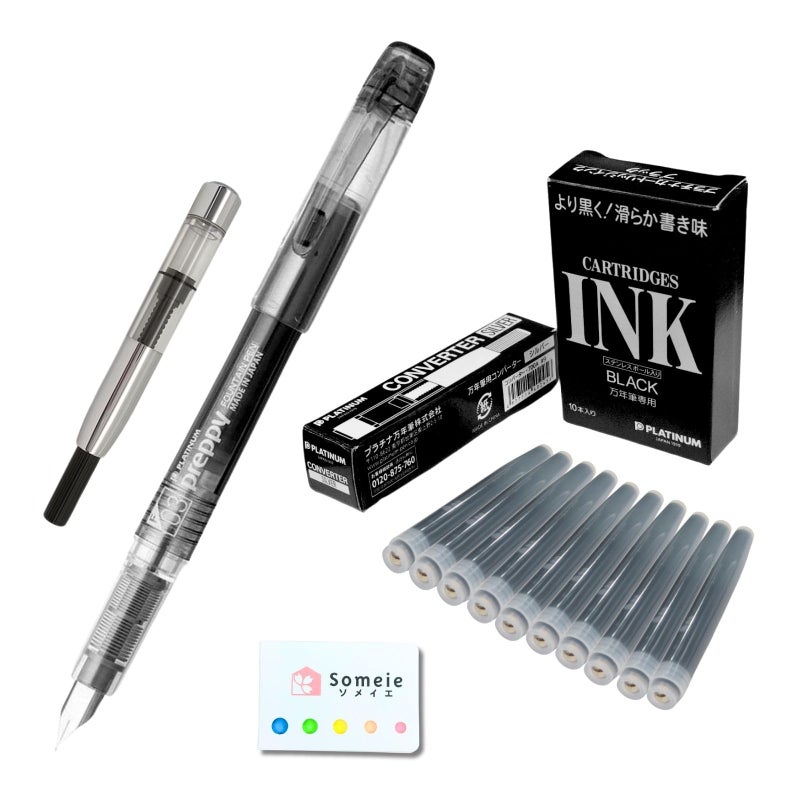 Someie Fountain Pen Set ï½œPreppy Fine Nib 0.3mm Black (PSQ-300#1-2) ï¼† Converter Silver (700A) ï¼† 10 Black Ink Cartridges (SPSQ-400#1) ï¼† 5 Colors Sticky Notes - Image 1