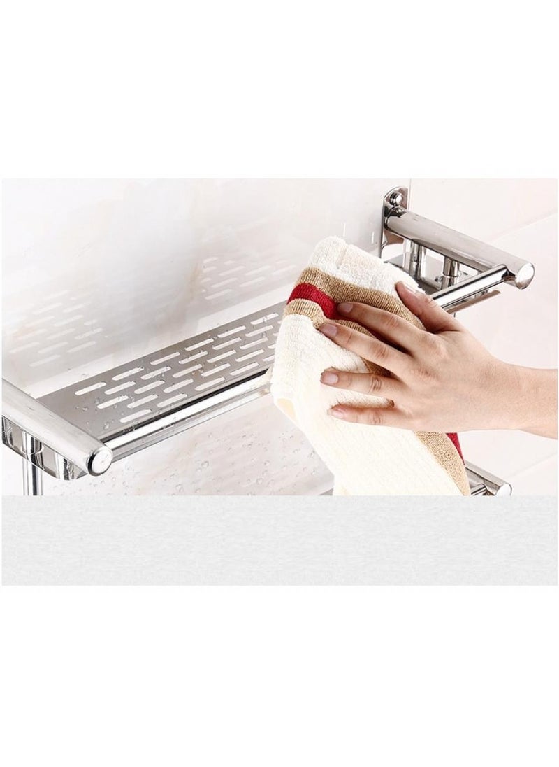 AIWANTO Washroom Rack Towel Hanger Wall Hanging Space Saving Bathroom Drill Installation Stainless Steel Towel Rack Shelf Wall Mount Shelf With Hooks Black  - Image 2