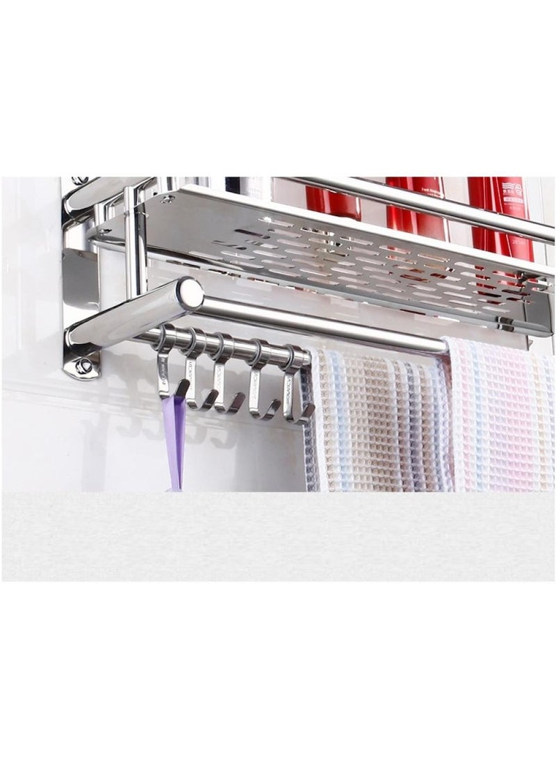 AIWANTO Washroom Rack Towel Hanger Wall Hanging Space Saving Bathroom Drill Installation Stainless Steel Towel Rack Shelf Wall Mount Shelf With Hooks Black  - Image 3
