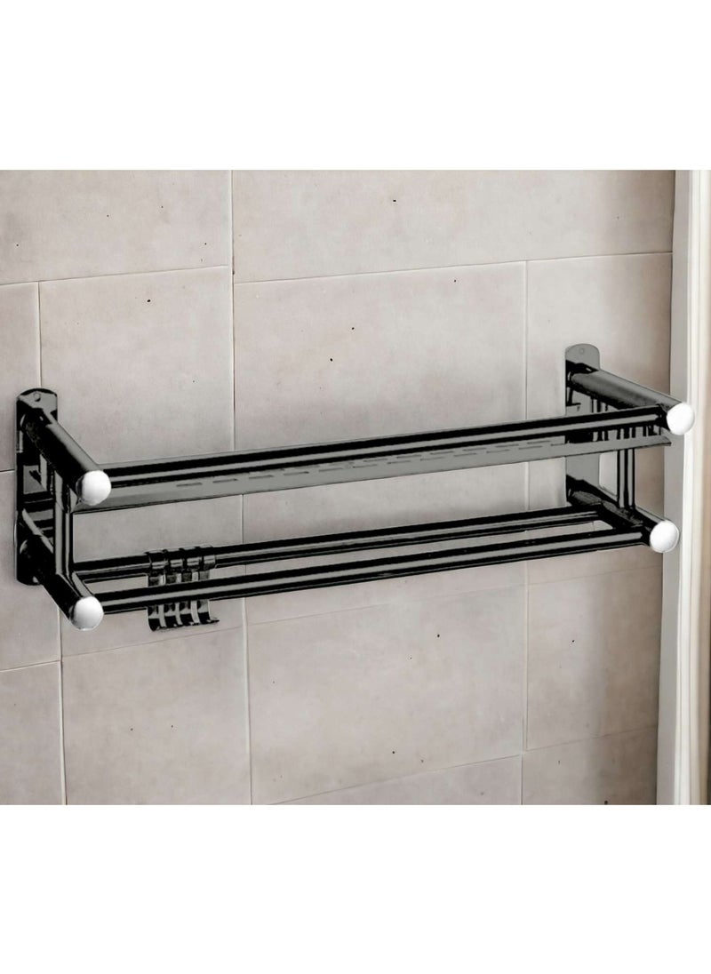 AIWANTO Washroom Rack Towel Hanger Wall Hanging Space Saving Bathroom Drill Installation Stainless Steel Towel Rack Shelf Wall Mount Shelf With Hooks Black  - Image 1