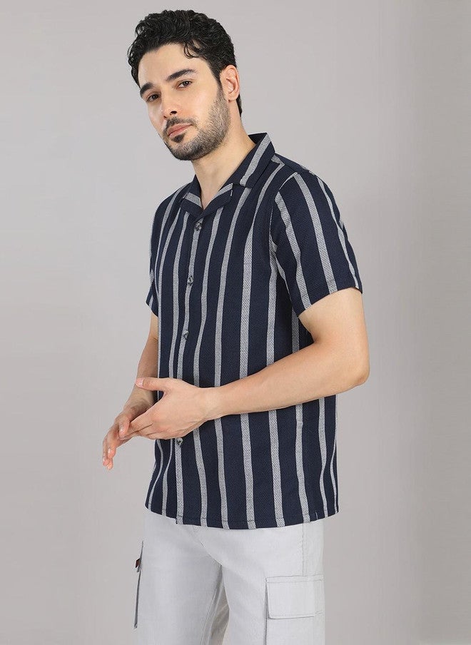 Hence Men Relaxed Striped Casual Shirt with Cuban Collar - Image 4