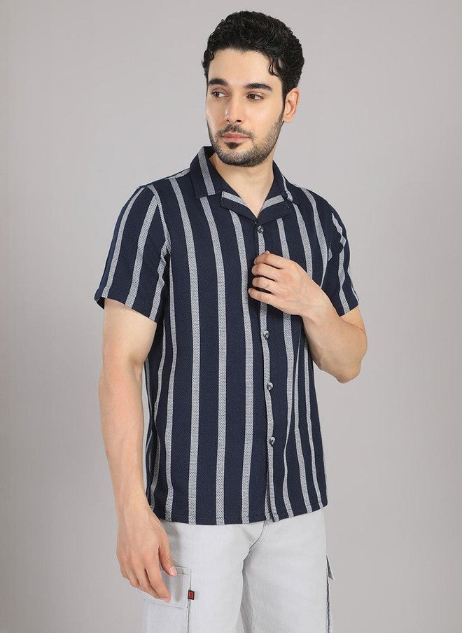 Hence Men Relaxed Striped Casual Shirt with Cuban Collar - Image 3