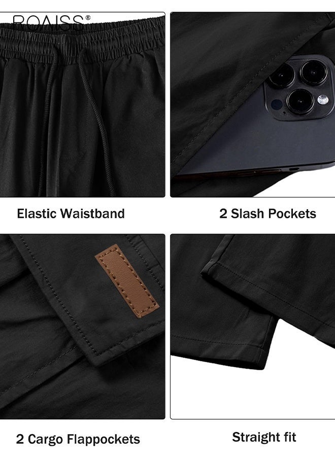 رويس بنطلون كارغو رجالي كاجوال لممارسة التمارين الرياضية والركض وبنطلون رياضي مطاطي للمشي لمسافات طويلة وبنطلون تكتيكي برباط مع جيوب متعددة وبنطلون رياضي أسود سادة - Image 3