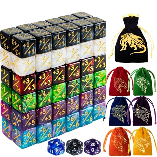 PUGED 82 Pack Magic The Gathering Counter Dice Set 72 Pcs D6 MTG Dice Life Counters Tokens for Magic Card Game Accessories with 3 Pcs Rolling Dice 7 Pcs Drawstring Bags - Image 1