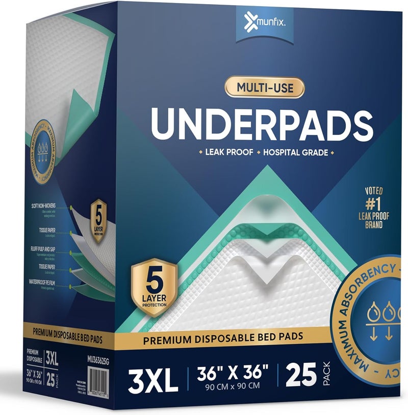 Munfix 25 Pack Disposable Bed Pads 36 X 36 Inches, Super Absorbent Extra Large Incontinence Underpads, 125 Gram Heavy Duty Ultra Absorbency Medical Chux, Baby Changing Pad, Dog Puppy Pet Training Pee Pad 