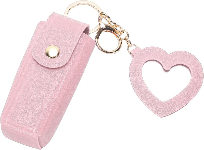 Yosoo Lipstick Case, Premium PU Leather Alloy Lipstick Holder Keychain with Heart Shaped Mirror, for Women Travel Purse (Pink) - Image 1