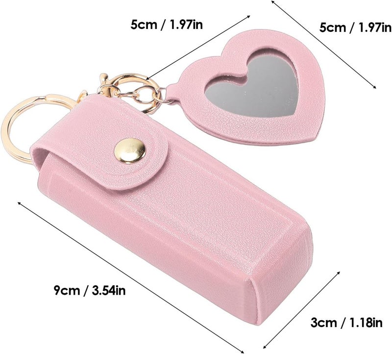 Yosoo Lipstick Case, Premium PU Leather Alloy Lipstick Holder Keychain with Heart Shaped Mirror, for Women Travel Purse (Pink) - Image 2