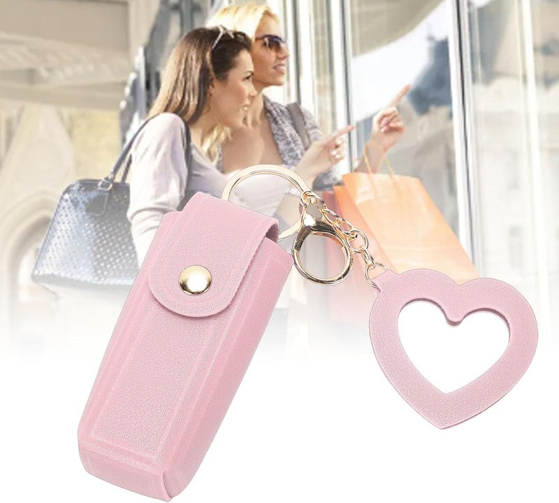 Yosoo Lipstick Case, Premium PU Leather Alloy Lipstick Holder Keychain with Heart Shaped Mirror, for Women Travel Purse (Pink) - Image 3