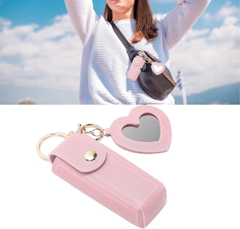 Yosoo Lipstick Case, Premium PU Leather Alloy Lipstick Holder Keychain with Heart Shaped Mirror, for Women Travel Purse (Pink) - Image 4