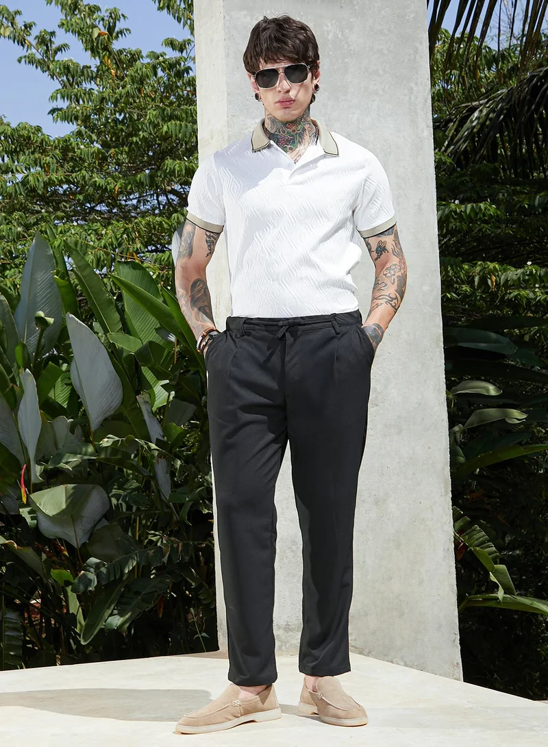 Campus Sutra Black Men's Midnight Black Tactile-Pleated Chino Trousers for Men | Best Price UAE