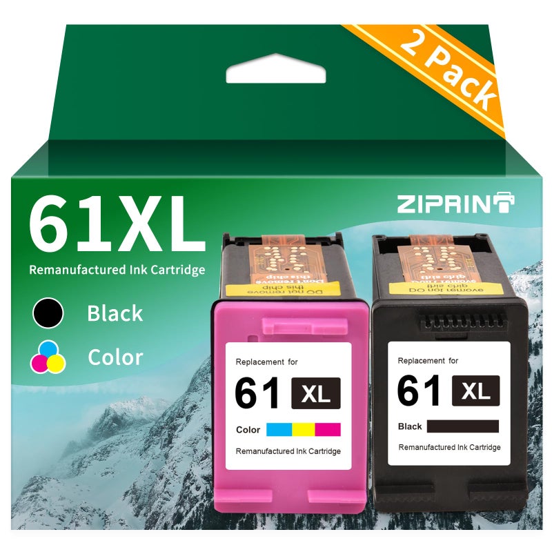 ZIPRINT خرطوشة حبر معاد تصنيعها من ZIPRINT بديل لحزمة HP 61XL المجمعة، لطابعات HP Envy 4500 5530 4502 OfficeJet 4635 4630 خرطوشة حبر 61XL سوداء، ثلاثية الألوان، حزمة من 2 - Image 1