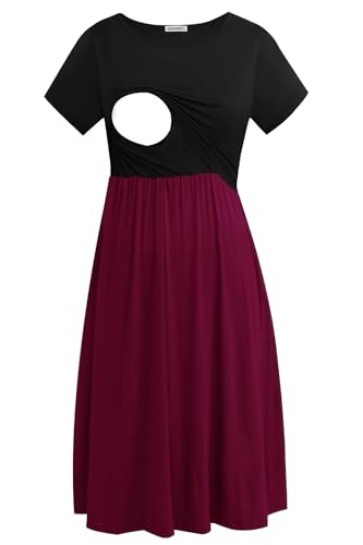 Smallshow Womens Short Sleeve Patchwork Nursing Dresses for Breastfeeding Medium Burgundy - Image 1