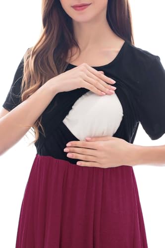 Smallshow Womens Short Sleeve Patchwork Nursing Dresses for Breastfeeding Medium Burgundy - Image 3