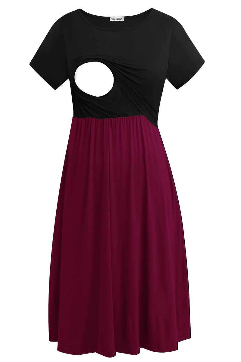 Smallshow Womens Short Sleeve Patchwork Nursing Dresses for Breastfeeding Medium Burgundy - Image 2