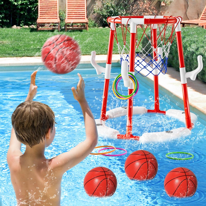 WATUDOU Pool Basketball Hoop Toys for Kids Ages 4-8 8-12 & Adult, Summer Outdoor Swimming Pool Games Water Play Toys Family Party for Kids, 2 in1 Pool Basketball Hoop & Ring Game with 4 Balls 12 Rings & Pump - Image 2