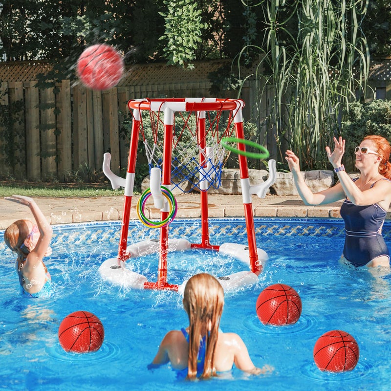 WATUDOU Pool Basketball Hoop Toys for Kids Ages 4-8 8-12 & Adult, Summer Outdoor Swimming Pool Games Water Play Toys Family Party for Kids, 2 in1 Pool Basketball Hoop & Ring Game with 4 Balls 12 Rings & Pump - Image 4