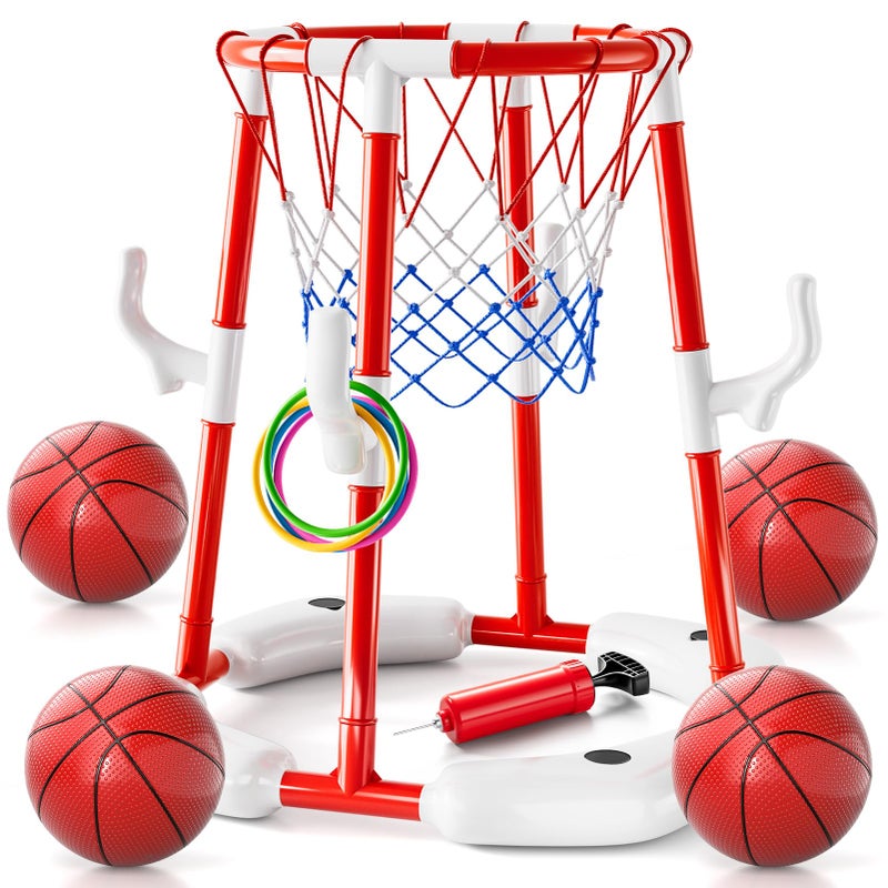 WATUDOU Pool Basketball Hoop Toys for Kids Ages 4-8 8-12 & Adult, Summer Outdoor Swimming Pool Games Water Play Toys Family Party for Kids, 2 in1 Pool Basketball Hoop & Ring Game with 4 Balls 12 Rings & Pump - Image 1