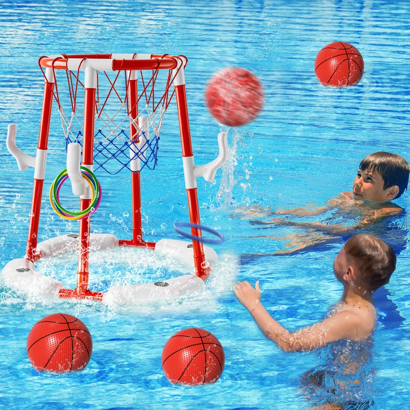 WATUDOU Pool Basketball Hoop Toys for Kids Ages 4-8 8-12 & Adult, Summer Outdoor Swimming Pool Games Water Play Toys Family Party for Kids, 2 in1 Pool Basketball Hoop & Ring Game with 4 Balls 12 Rings & Pump - Image 3