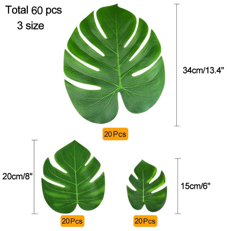 KUUQA 60 Pcs Tropical Leaves Party Decoration Artificial Tropical Palm Monstera Plant Leaves Imitation Leaf for Hawaiian Luau Aloha Party Jungle Theme BBQ Birthday Party Supplies 3 Sizes - Image 2