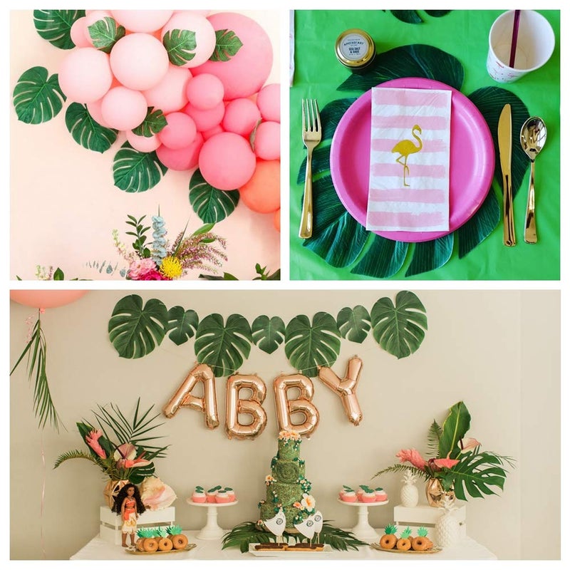 KUUQA 60 Pcs Tropical Leaves Party Decoration Artificial Tropical Palm Monstera Plant Leaves Imitation Leaf for Hawaiian Luau Aloha Party Jungle Theme BBQ Birthday Party Supplies 3 Sizes - Image 3