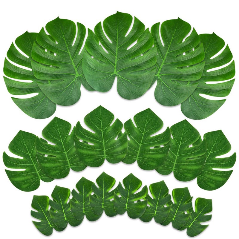 KUUQA 60 Pcs Tropical Leaves Party Decoration Artificial Tropical Palm Monstera Plant Leaves Imitation Leaf for Hawaiian Luau Aloha Party Jungle Theme BBQ Birthday Party Supplies 3 Sizes - Image 1