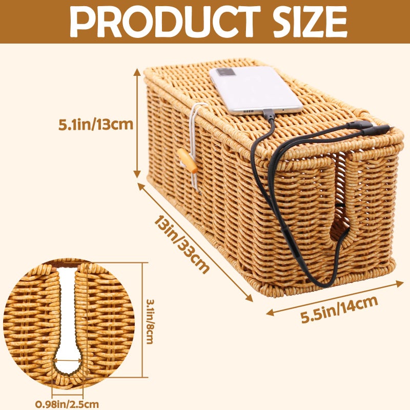 KANYO-AUTO Cable Management Box, Handmade Imitation Rattan Cord Cable Organizer, Open Slots Cords Hider Box Cord Basket Under Desk Cord Organizer for Computer Router USB Hub & Power Strip - Image 2
