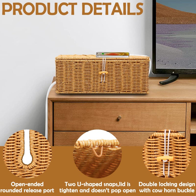 KANYO-AUTO Cable Management Box, Handmade Imitation Rattan Cord Cable Organizer, Open Slots Cords Hider Box Cord Basket Under Desk Cord Organizer for Computer Router USB Hub & Power Strip - Image 3