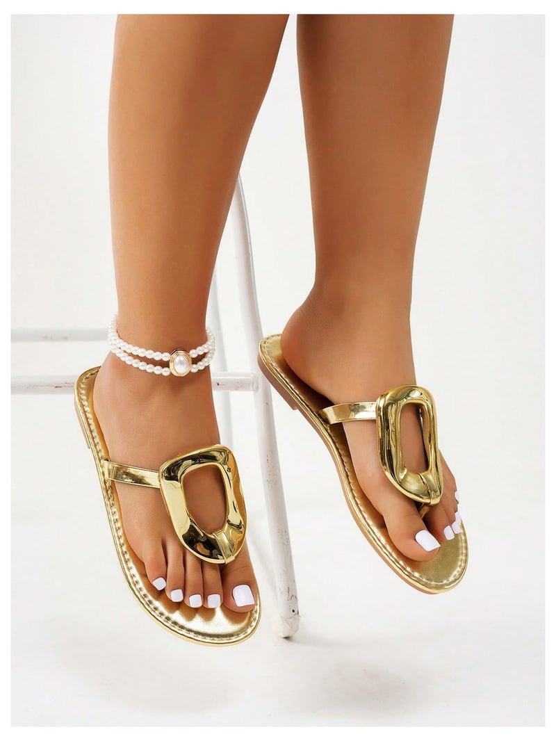 OYOANGLE Women's Metal Ring Flip Flops Metallic Open Toe Comfy Vacation Dressy Slide Sandals Gold 8 - Image 4