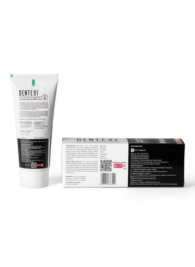 DENTE91 Dente91 Anti-Stain Charcoal Toothpaste for Stain Removal & Teeth Whitening, Protects against Dental Caries & Strengthens Enamel, Reduces 63% stains, Whitens teeth by 80% in just 3 days, 70g  - Image 2