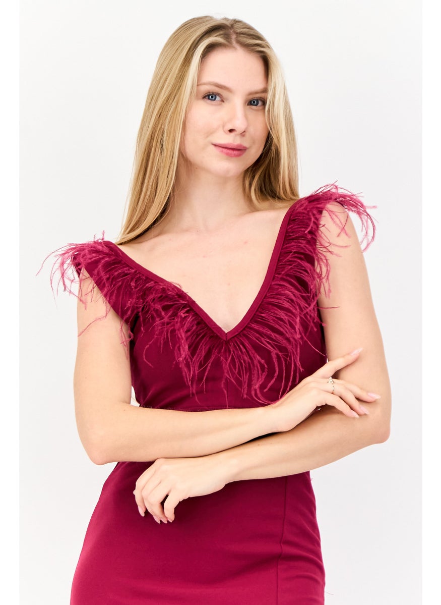 Lulus Women Feather Detail Maxi Dress, Berry  - Image 2