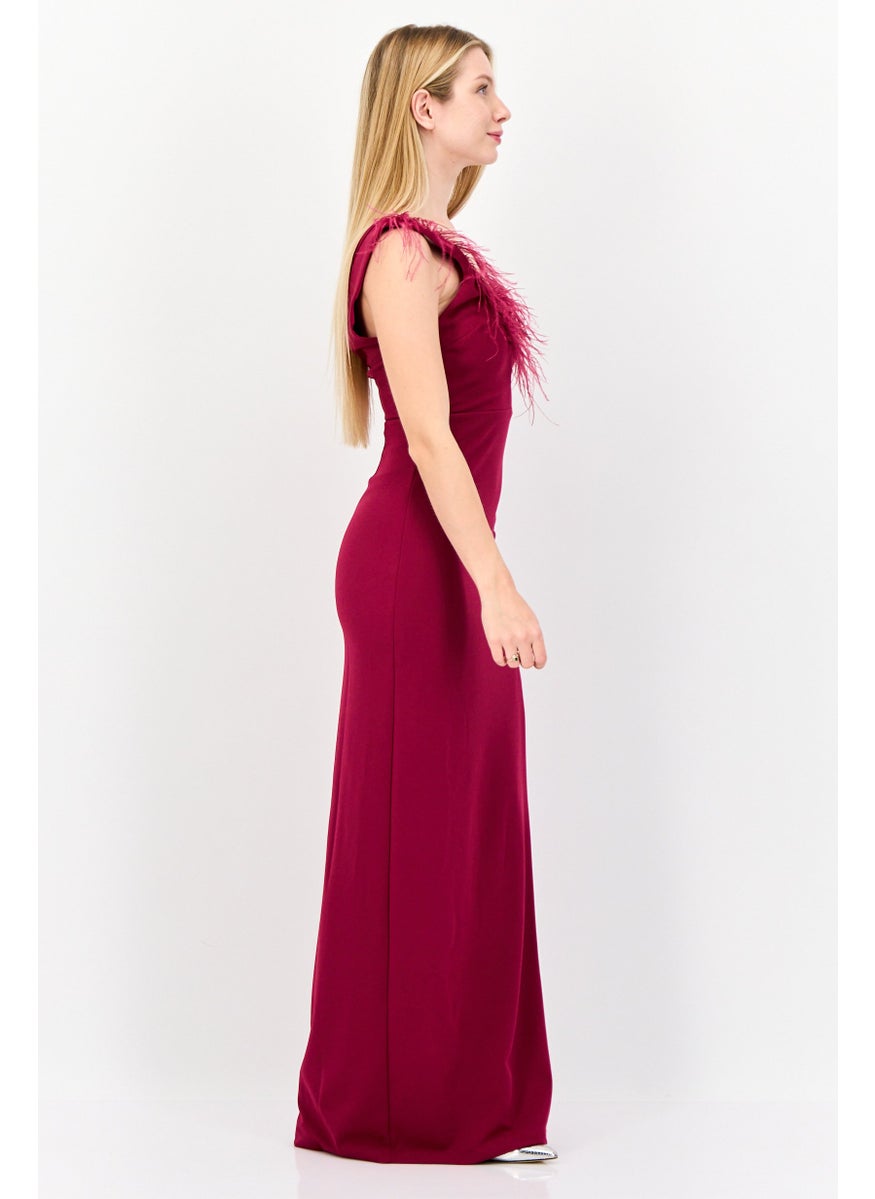 Lulus Women Feather Detail Maxi Dress, Berry  - Image 4