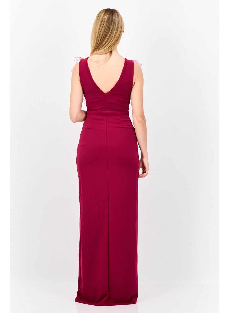 Lulus Women Feather Detail Maxi Dress, Berry  - Image 3