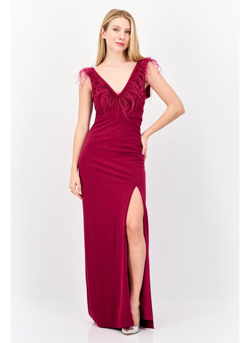 Lulus Women Feather Detail Maxi Dress, Berry  - Image 1