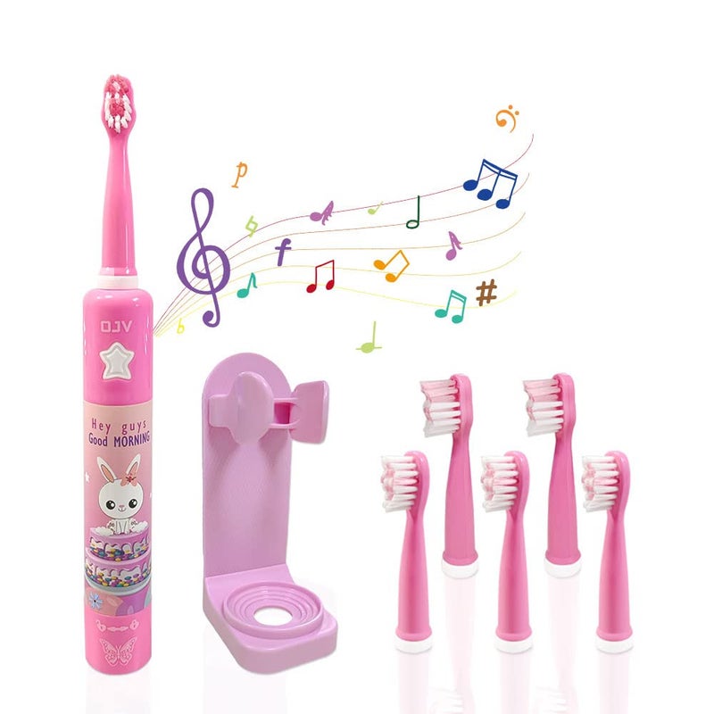 OJV 8620 Musical Electric Toothbrushes for Kids Children 3 Modes 2 Min Timer 6 Bristles Rechargeable Power Smart Sonic Music Play Song Toothbrush for Girls Age 314 with Wall Mounted Holder Pink - Image 1