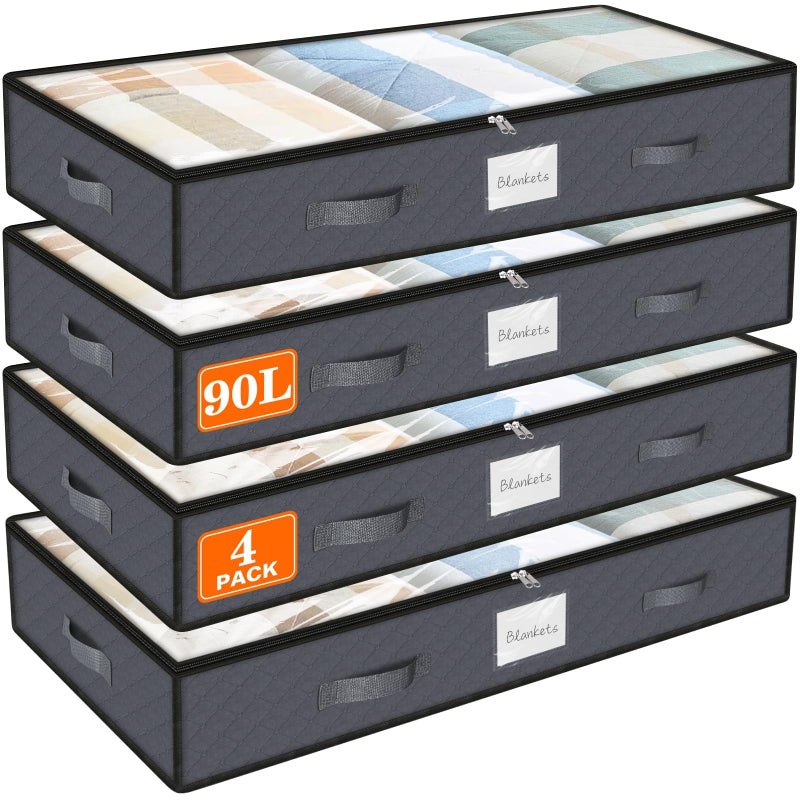 SpaceWhisper 90L Under Bed Storage Containers 4Pack Storage Bins with Clear Top Foldable Closet Organizers and Storage with Label Holder for Clothing Blankets Comforter  Pillows Grey