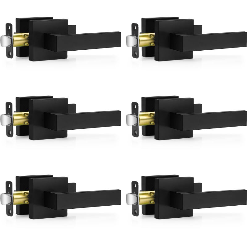 Plustool 6 Pack Matte Black Door Handles Passage Door Levers for Hallway Closet Interior Keyless Door Knobs Heavy Duty Square NonLocking Handlesets20lb Reversible for Left Right Sided Doors