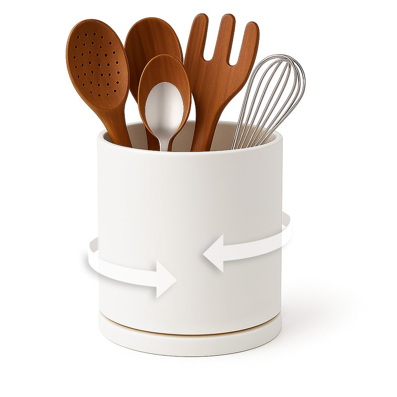 D'vine Dev 360Â° Rotating Utensil Holder â€“ 5" Kitchen Utensil Crock for Countertop, Modern Cooking Tool Organizer for Kitchen Storage & DÃ©cor, Oatmeal, 72-X-D-1 - Image 1