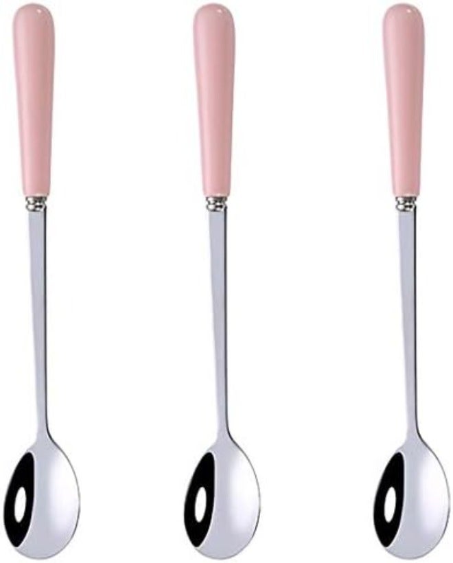 krofaue 3PCS Mixing Spoons for Coffee, Dessert, Ice Cream, Milkshake, Stainless Steel Iced Teaspoon with Ceramic Handle Tablespoons Espresso Cocktail Stirring Spoons, 6.8-Inch  (Pink) - Image 1