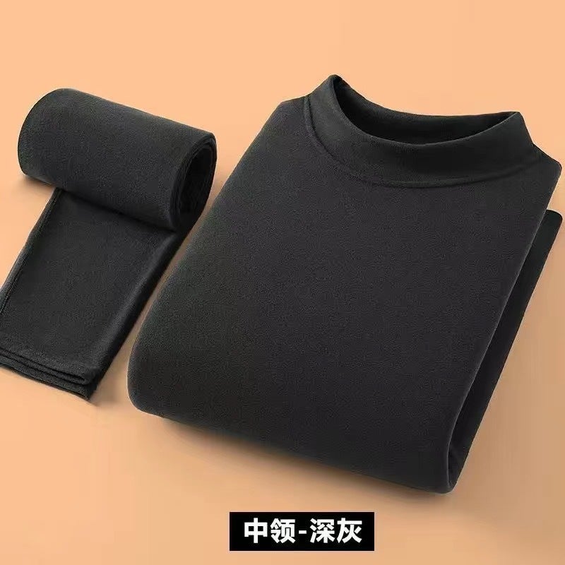 بدلة حرارية للرجال لفصل الخريف والشتاء مصنوعة من الفيلفيت المزدوج الجوانب ذات الياقة شبه العالية ملابس خريفية للشباب والبالغين، سروال، قميص أساسي - Image 2