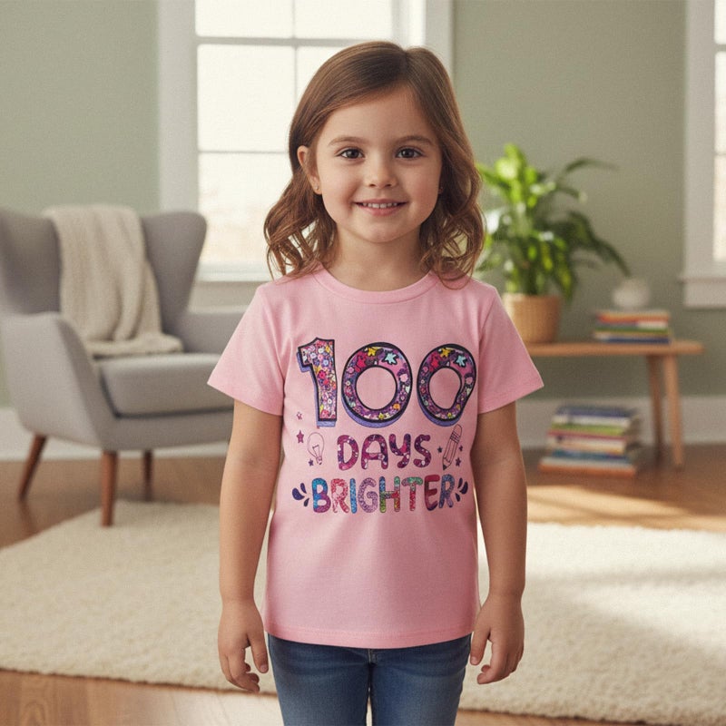 Douhoow Girls 100 Days of School Shirt Short Sleeve Toddler Girl Tops 100th Day of School Shirt Kids (Pink B, 6-7 Years) - Image 2
