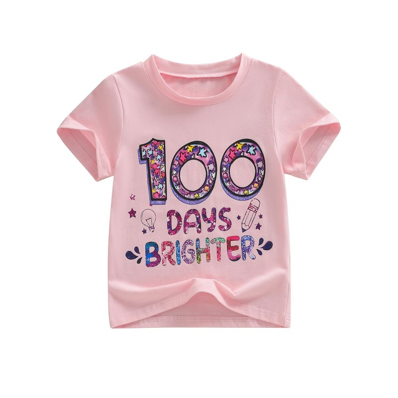 Douhoow Girls 100 Days of School Shirt Short Sleeve Toddler Girl Tops 100th Day of School Shirt Kids (Pink B, 6-7 Years) - Image 1
