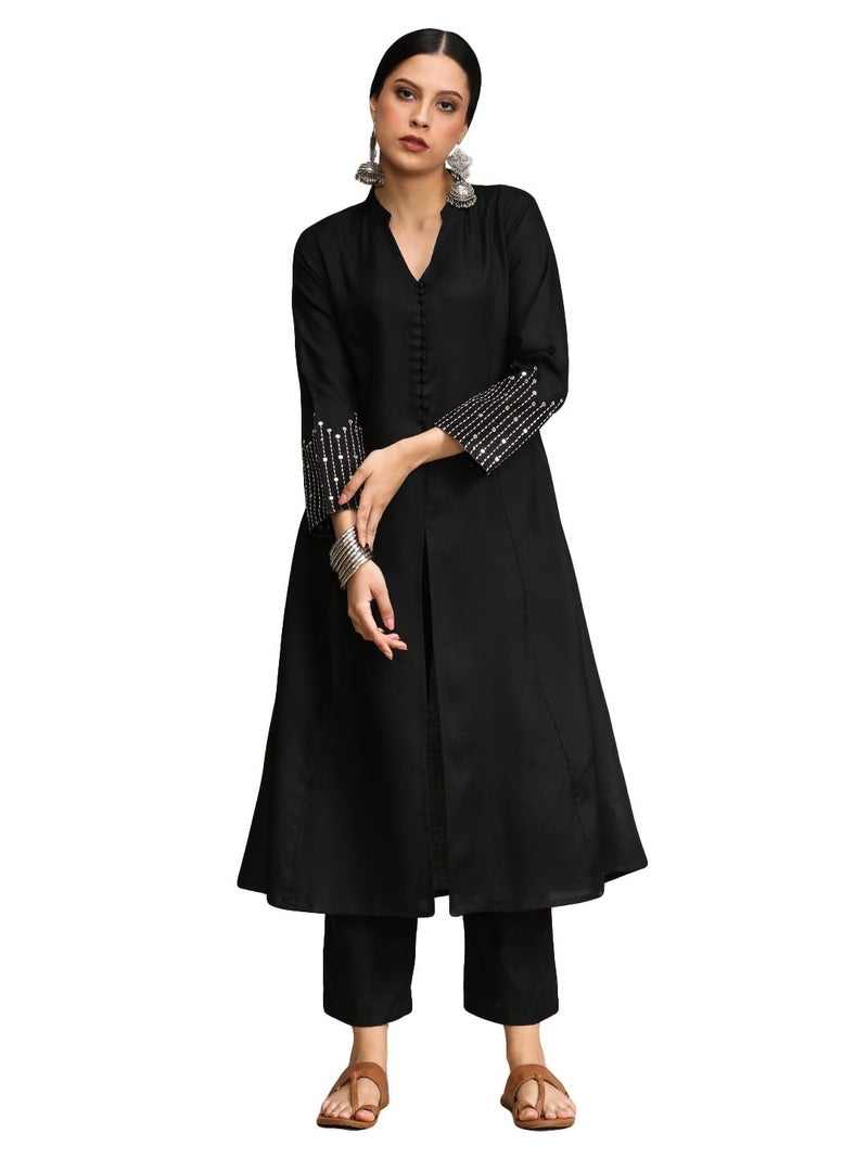 Varanga Black Mandarin Witn V Neck Anarkali Front Slit Detailing With Trouser - Image 1