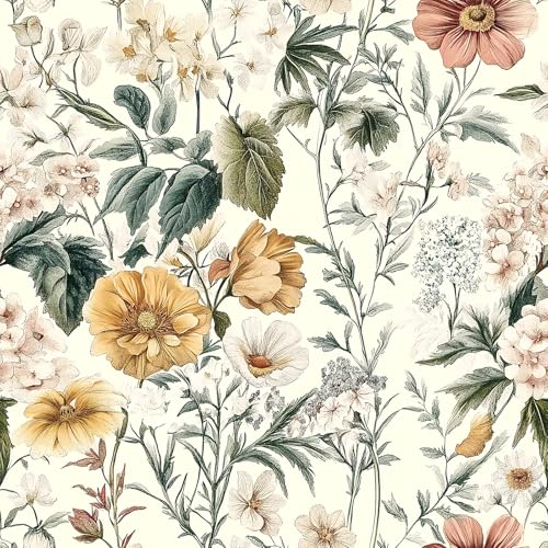 Livebor Vintage Floral Peel and Stick Wallpaper Floral Contact Paper 16.9"x118.1" Boho Neutral Wallpaper Peel and Stick Self Adhesive Wall Paper for Cabinets Bathroom Covering Wall Decorative Vinyl - Image 1
