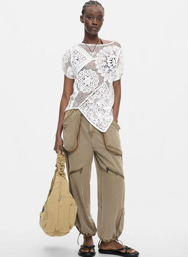 Desigual White Asymmetric crochet t-shirt for Women | Best Price UAE