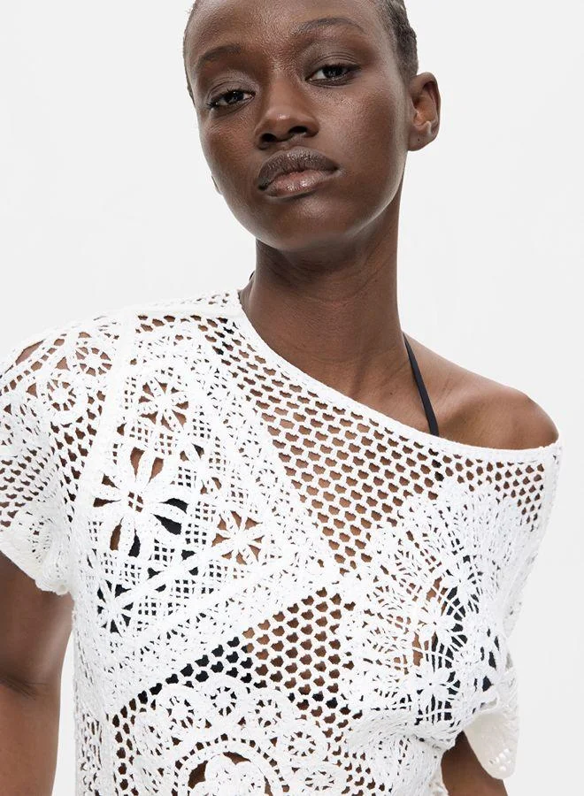 Desigual White Asymmetric crochet t-shirt for Women | Best Price UAE