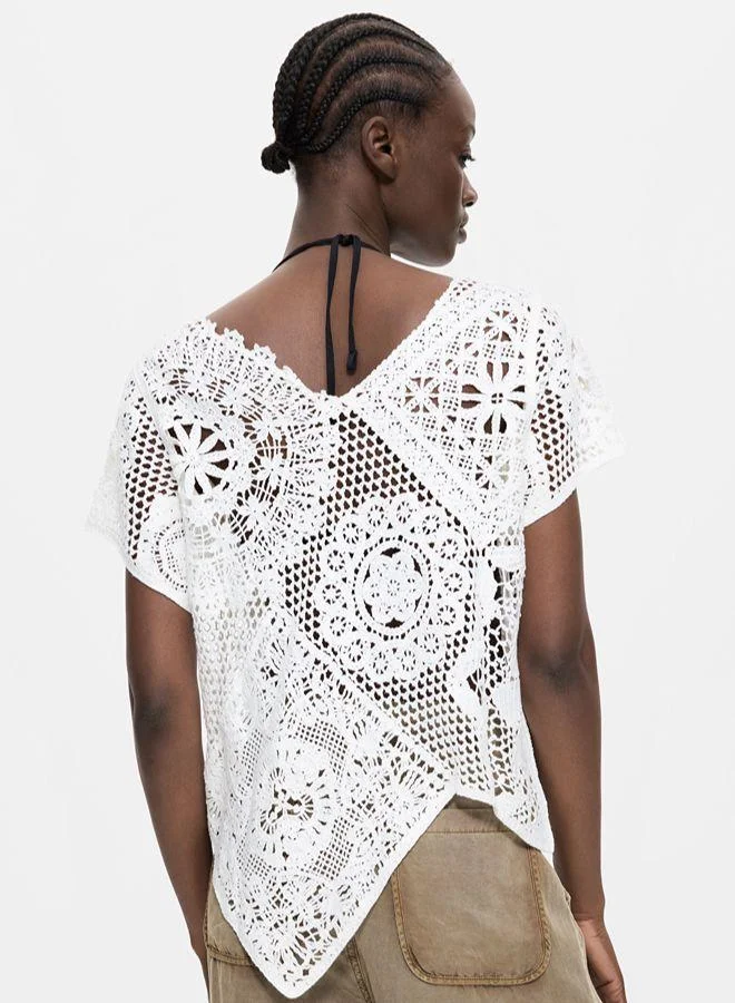 Desigual White Asymmetric crochet t-shirt for Women | Best Price UAE