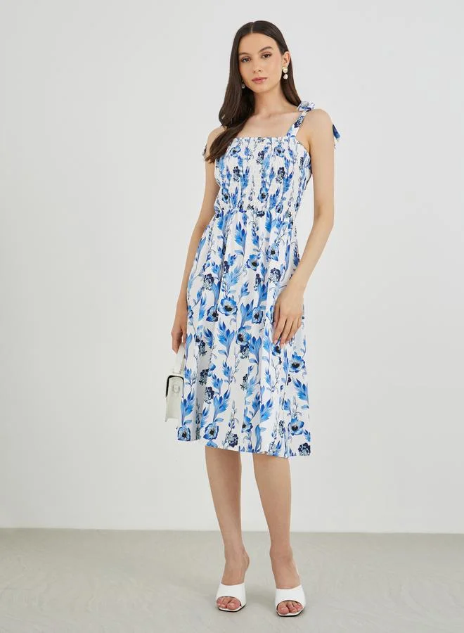 Take Two Take Two Floral Print A-Line Smocking Detail Maxi Dress