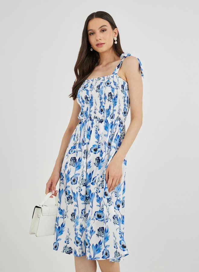 Take Two Take Two Floral Print A-Line Smocking Detail Maxi Dress